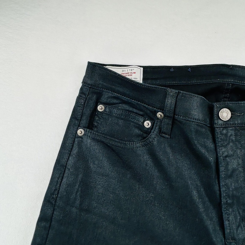 GAP Jeans Womens 12 Tall Black Vintage Slim Mid Rise Coated Denim Stretch Shiny - Picture 8 of 16